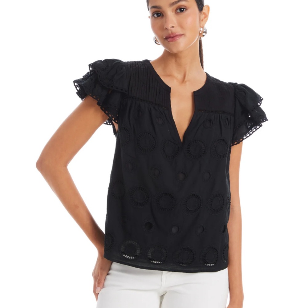 Chic Black Eyelet Blouse with Ruffle Sleeves